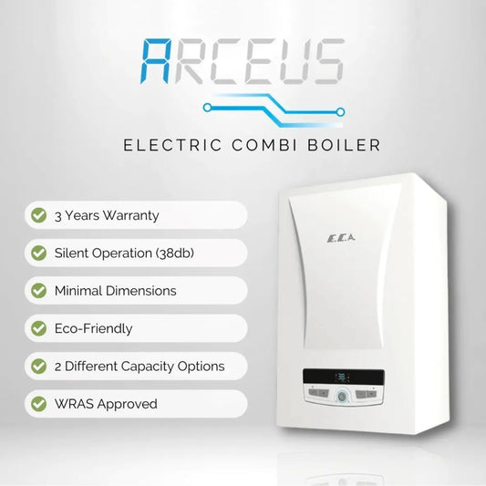 Electric combi boiler with Arceus branding and feature list on a gray background