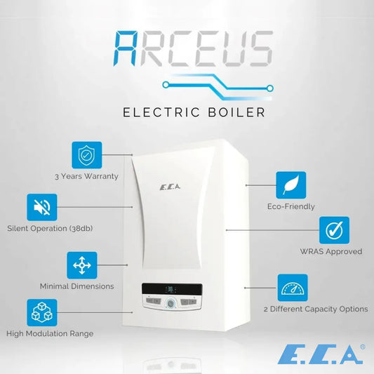 Electric boiler with features listed on a gray background, featuring the Arceus brand.