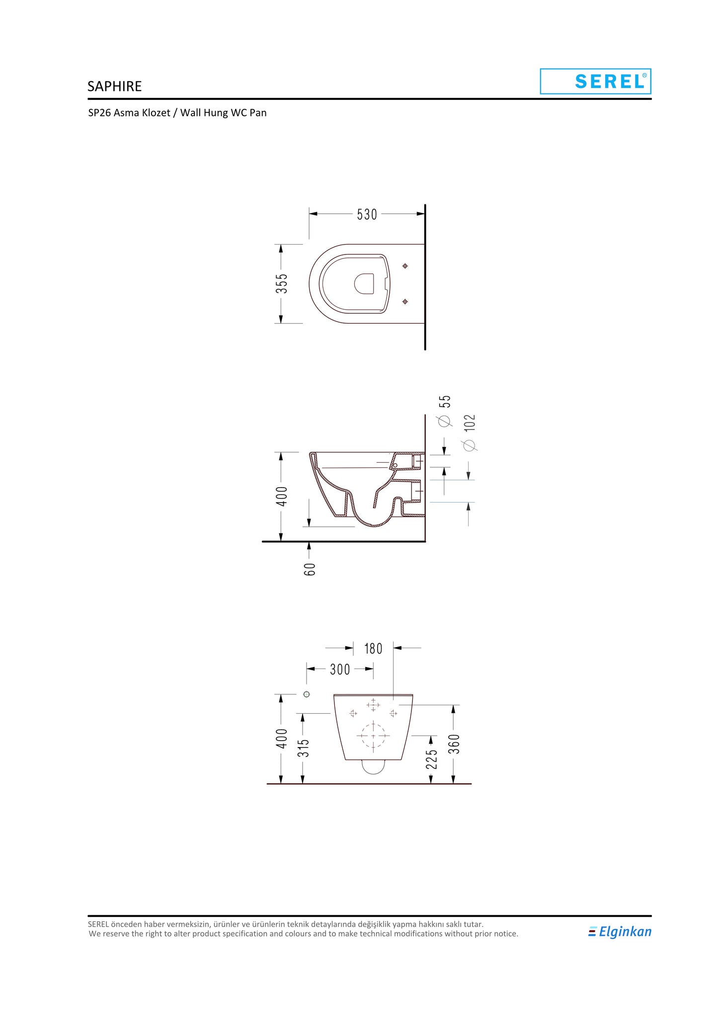 Serel Sapphire Wall-Hung WC Pan (53 × 35.5 cm)