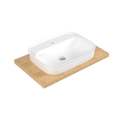 White ceramic sink on a wooden platform with a white background