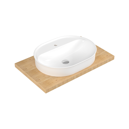 White oval sink on a wooden platform with a white background