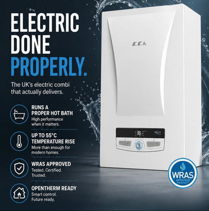 ECA electric combi boiler with water splash and branding on a dark background