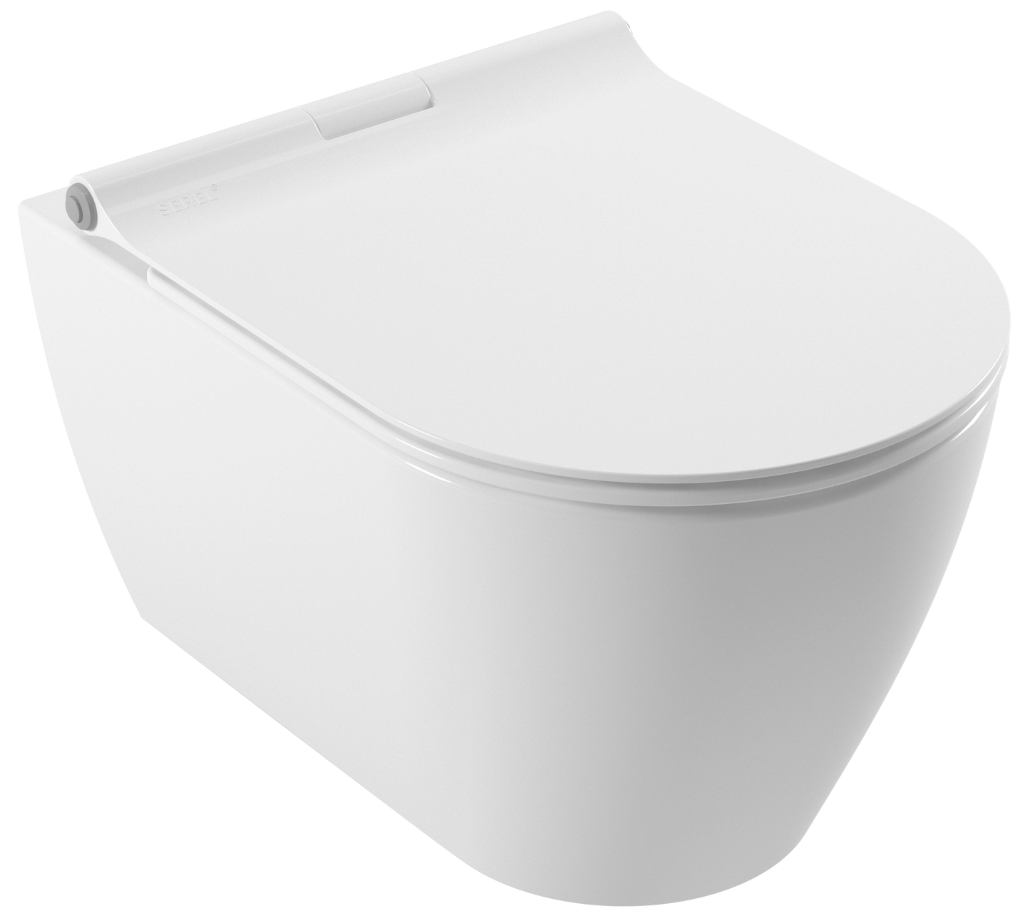 White wall-mounted toilet with a closed seat on a white background