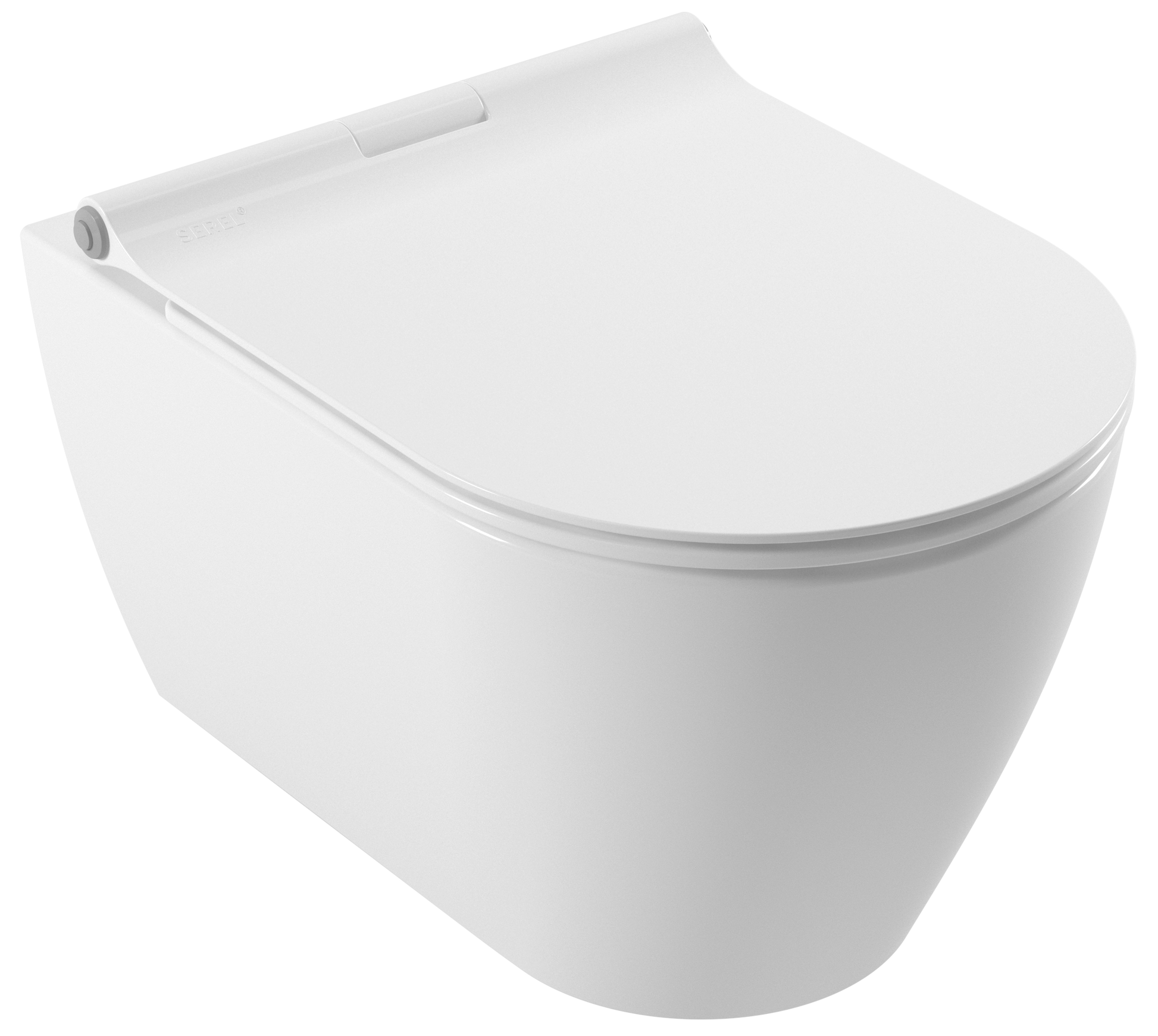 White wall-mounted toilet with a closed seat on a white background