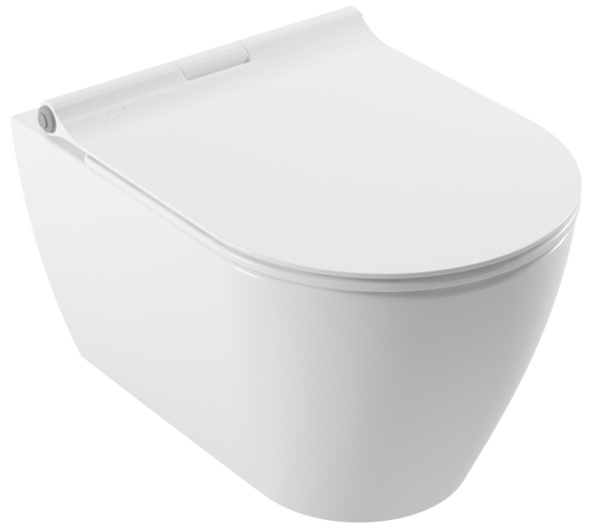 White wall-mounted toilet with a closed seat on a white background