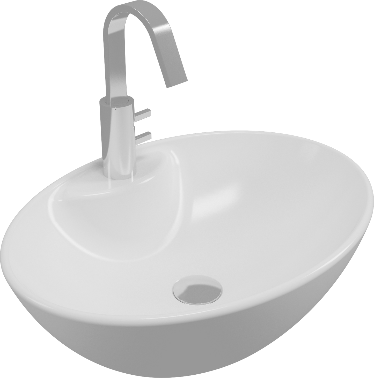 White oval sink with a silver faucet on a white background