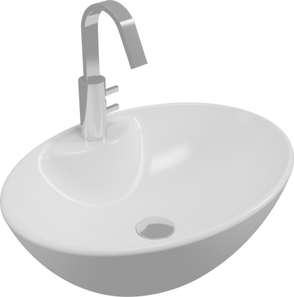 White oval sink with a silver faucet on a white background