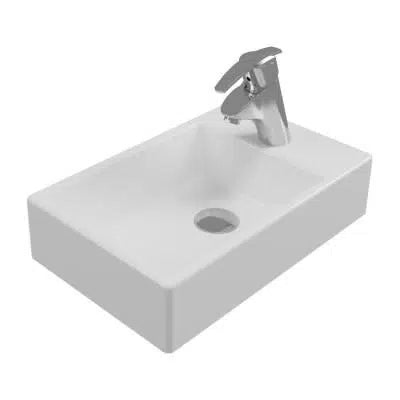 White rectangular sink with a silver faucet on a white background