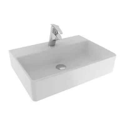 White rectangular sink with silver faucet on a white background