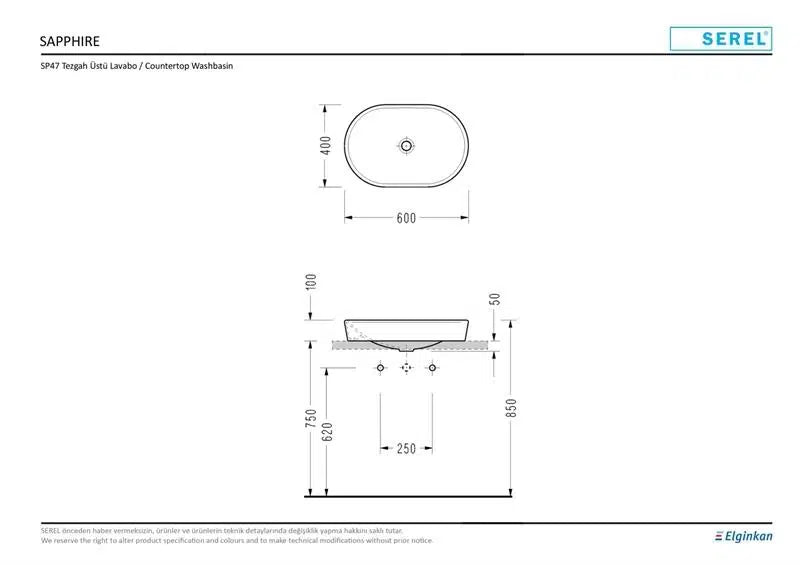 Serel Sapphire Countertop Washbasin (35 × 50 cm)